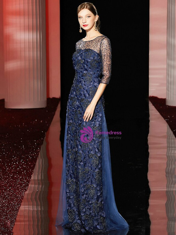 Graceful Dark Blue Sequins Half Sleeve Appliques Mother of the Bride Dress