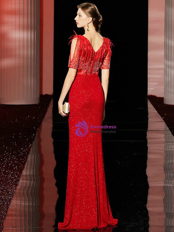 Adorable Red Sequins V-neck Short Sleeve Mother of the Bride Dress With Feather