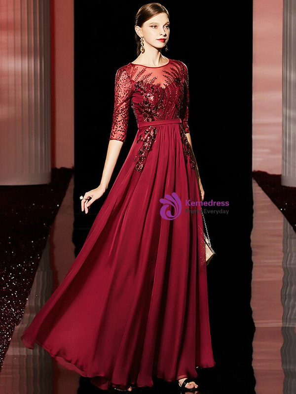 Marvelous Burgundy Chiffon Half Sleeve Sequins Appliques Mother of the Bride Dress