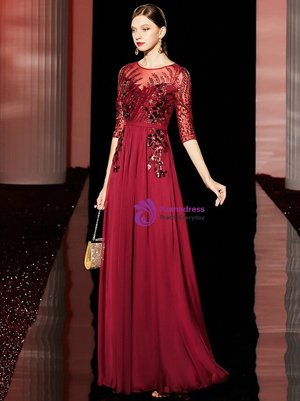 Marvelous Burgundy Chiffon Half Sleeve Sequins Appliques Mother of the Bride Dress
