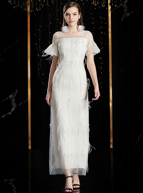 Stunning White Tulle Beading Sequins Short Sleeve Mother of the Bride Dress