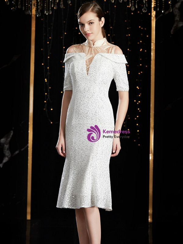 Enjoy The White Sheath Short Sleeve High Neck Cold Shoulder Mother of the Bride Dress