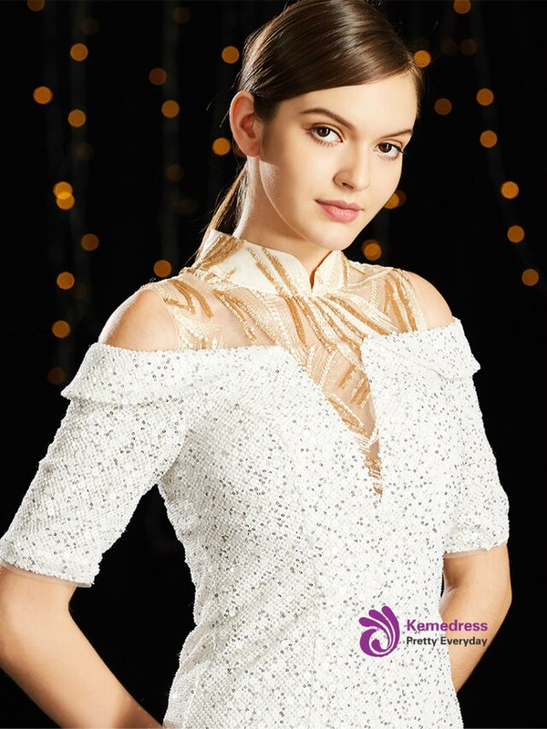 Enjoy The White Sheath Short Sleeve High Neck Cold Shoulder Mother of the Bride Dress