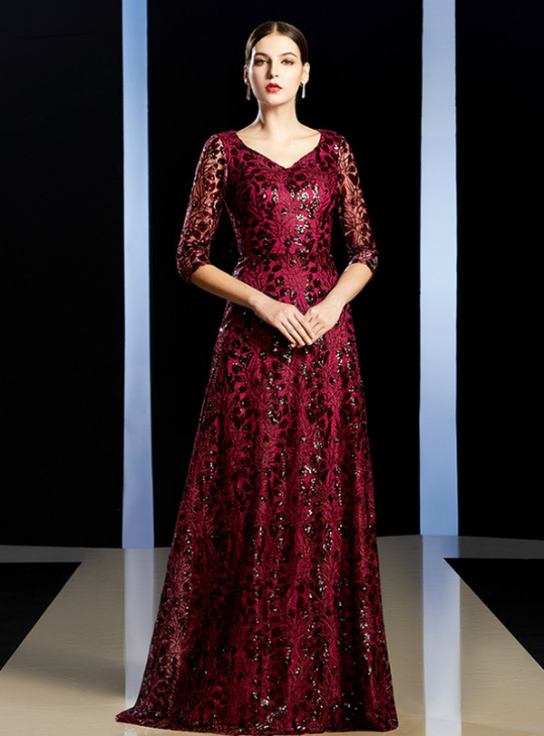 We Specialize In Custom Made Impressive Burgundy Sequins V-neck Half Sleeve Mother of the Bride Dress