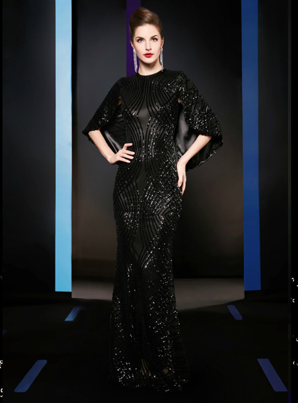 Attractive Black Mermaid Sequins Bat sleeve Mother of the Bride Dress