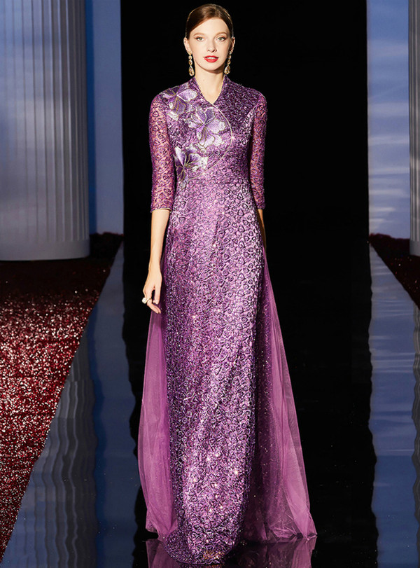 Get An On-Trend Purple Sequins Tulle Embroidery 3/4 Sleeve Mother Of The Bride Dress