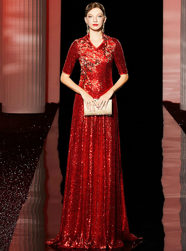Find The Perfect Shade Of Red Sequins V-neck Half SleeveAppliques Mother Of The Bride Dress