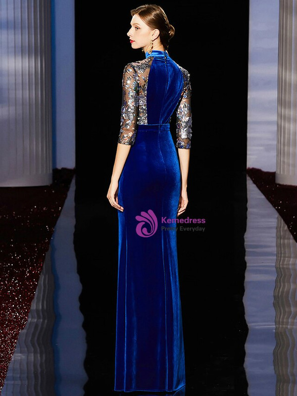 Buy From Sexy Blue Velvet Mermaid High Neck Half Sleeve Embroidery Mother Of The Bride Dress
