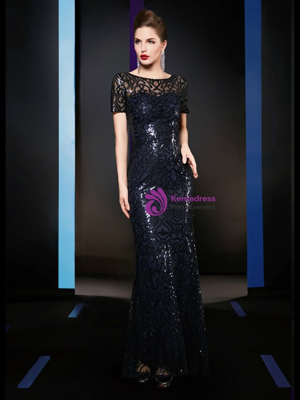 A Great Variety Of Navy Blue Mermaid Sequins Short Sleeve Long Mother Of The Bride Dress