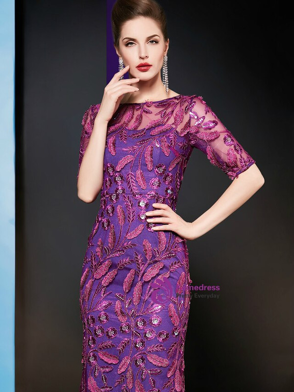 Demand Attention In Classic Purple Mermaid Short Sleeve Appliuqes Sequins Mother Of The Bride Dress