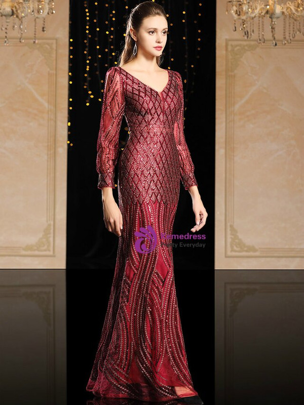 The Worldwide Shipping Online Store Burgundy Spandex Mermaid Long Sleeve Sequins Mother Of The Bride Dress