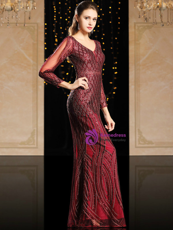 The Worldwide Shipping Online Store Burgundy Spandex Mermaid Long Sleeve Sequins Mother Of The Bride Dress