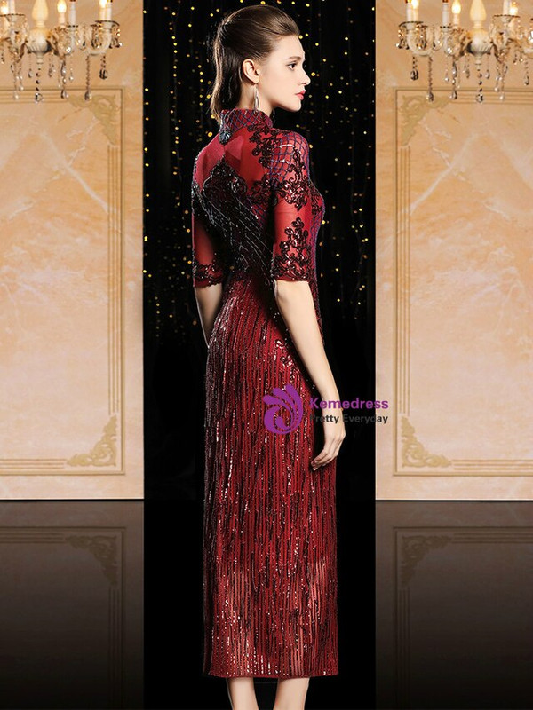 For Your Big Night Fashion Burgundy Sequins High Neck Short Sleeve Mother Of The Bride Dress