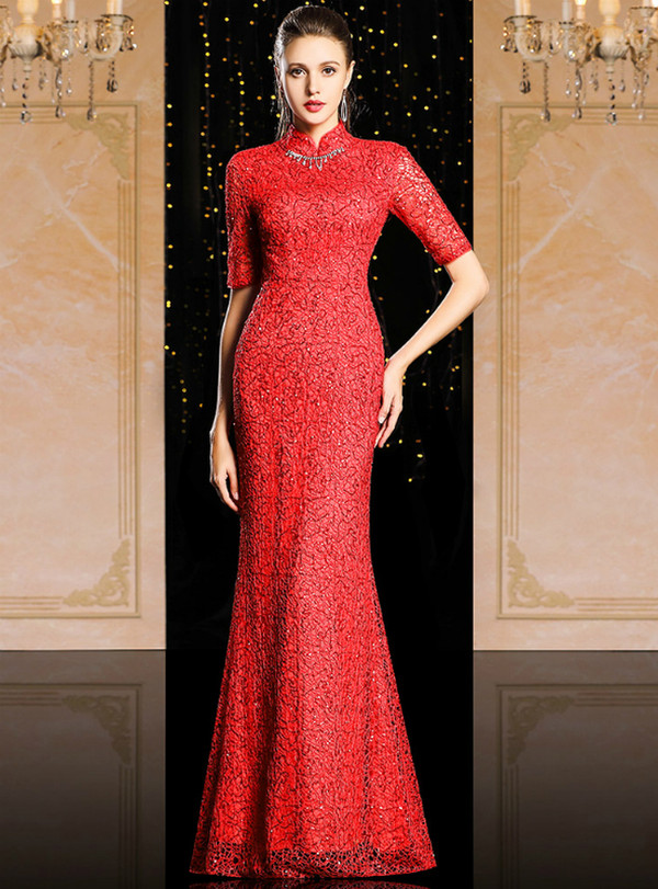 Red Check Out Entire Collection Mermaid Lace Sequins Short Sleeve High Neck Mother Of The Bride Dress