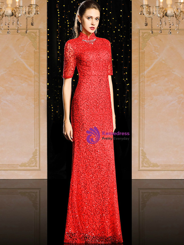 Red Check Out Entire Collection Mermaid Lace Sequins Short Sleeve High Neck Mother Of The Bride Dress