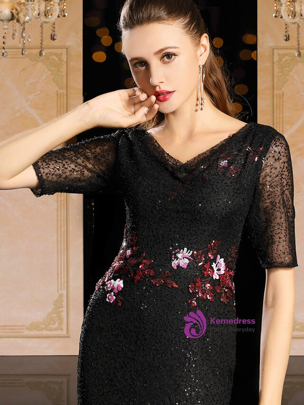 Make Your Prom a Dream Black Mermaid V-neck Short Sleeve Beading Mother Of The Bride Dress