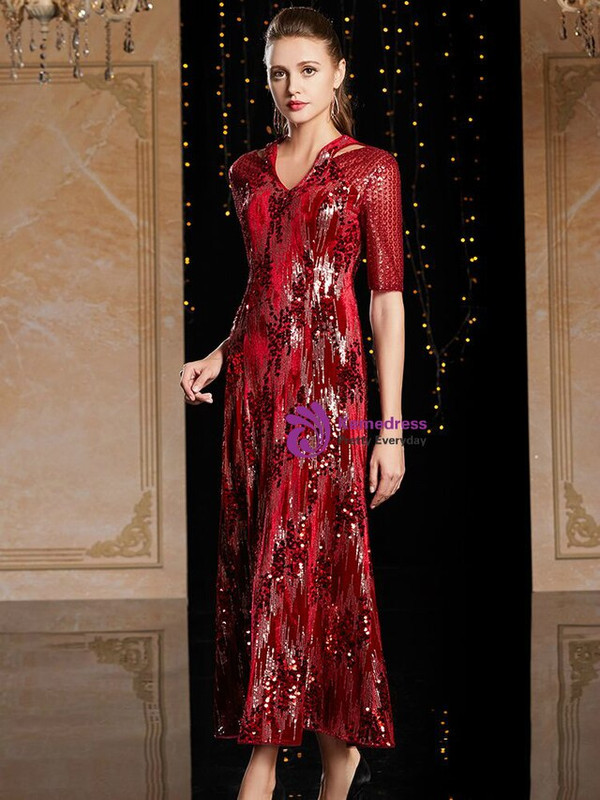 Wonderful Burgundy V-neck Short Sleeve Sequins Ankle Length Mother Of The Bride Dress