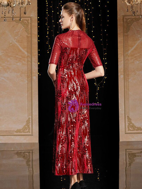 Wonderful Burgundy V-neck Short Sleeve Sequins Ankle Length Mother Of The Bride Dress