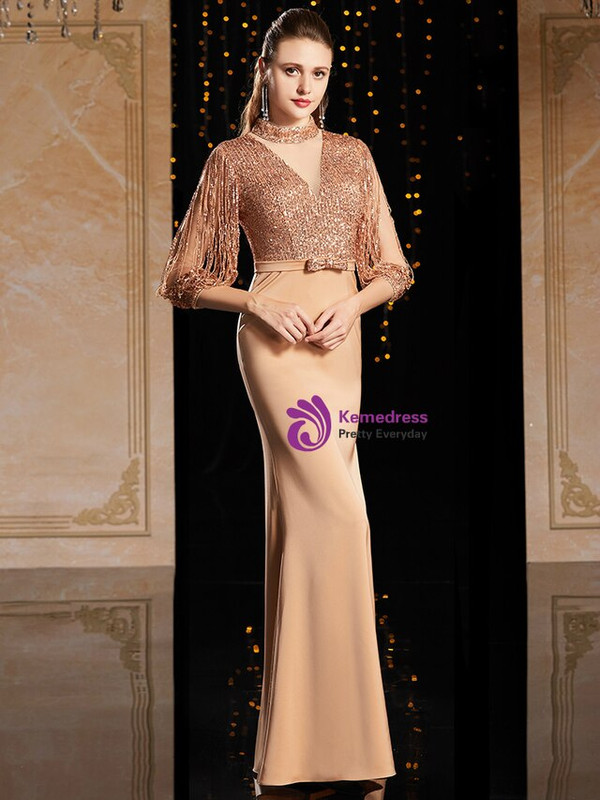 Charming Coffee 3/4 Sleeve High Neck Mother Of The Bride Dress With Bow