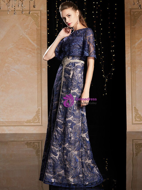 Romantic Blue Lace Short Sleeve Beading Mother Of The Bride Dress