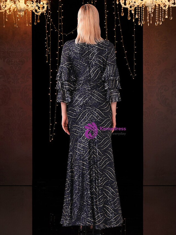 Shinning Navy Blue V-neck Stack Sleeves Mother Of The Bride Dress