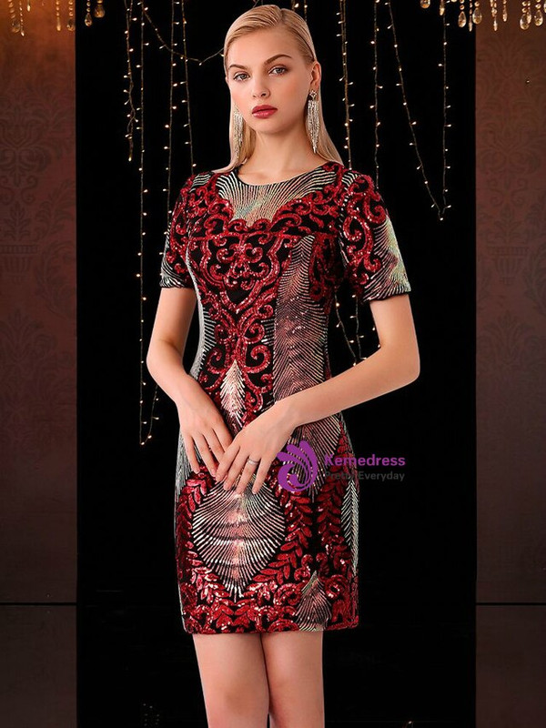Incomparable Burgundy Mermaid Sequins Short Sleeve Mini Mother Of The Bride Dress