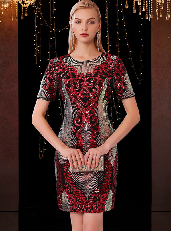 Incomparable Burgundy Mermaid Sequins Short Sleeve Mini Mother Of The Bride Dress