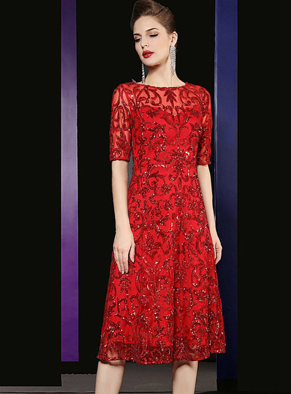 Causal Red Tulle Sequins Short Sleeve Knee Length Mother Of The Bride Dress