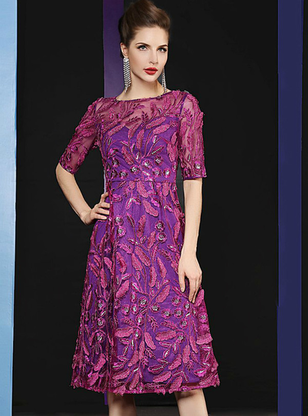 Impressive Purple Embroidery Sequins Short Sleeve Short Mother Of The Bride Dress