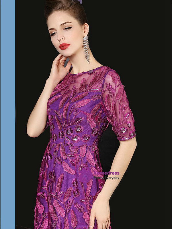Impressive Purple Embroidery Sequins Short Sleeve Short Mother Of The Bride Dress