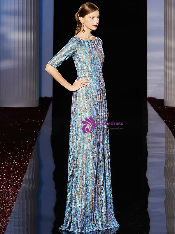 Stylish Blue Lace Sequins Short Sleeve Mother of the Bride Dress