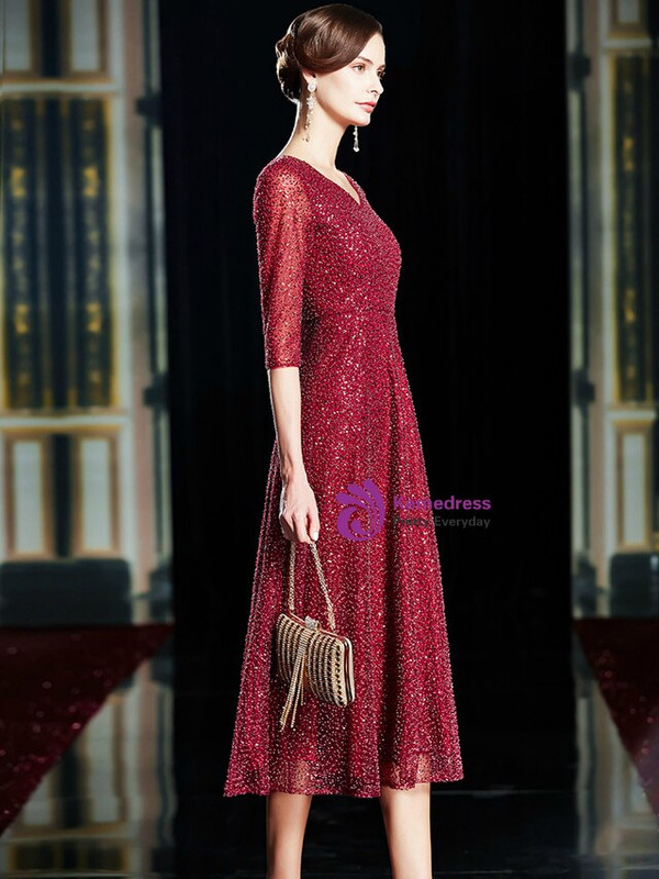 Delicate Burgundy Sequins Beading V-neck Half Sleeve Tea Length Mother Of The Bride Dress