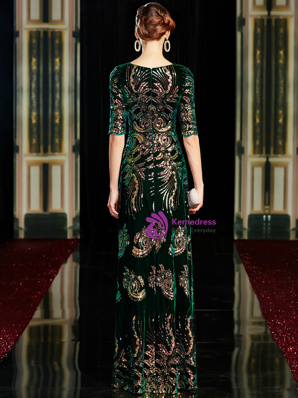 Dreamy Green Velvet V-neck Short Sleeve Sequins Appliques Mother Of The Bride Dress