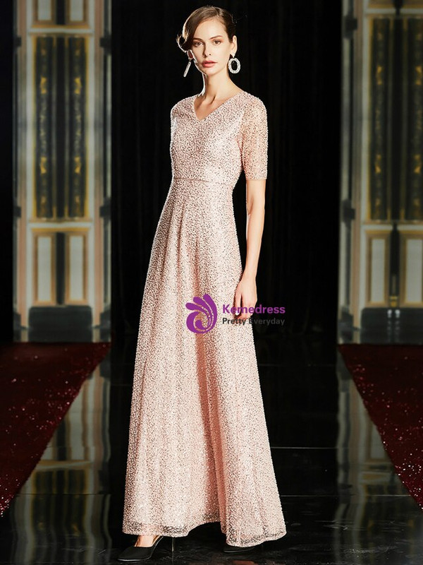 Fairy Tale Pink Tulle Beading Seuqins V-neck Short Sleeve Mother Of The Bride Dress