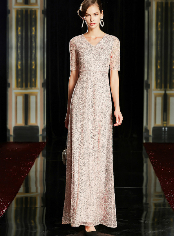 Fairy Tale Pink Tulle Beading Seuqins V-neck Short Sleeve Mother Of The Bride Dress