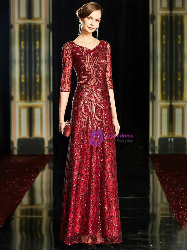 Fashionable Burgundy Sequins V-neck 3/4 Sleeve Mother Of The Bride Dress