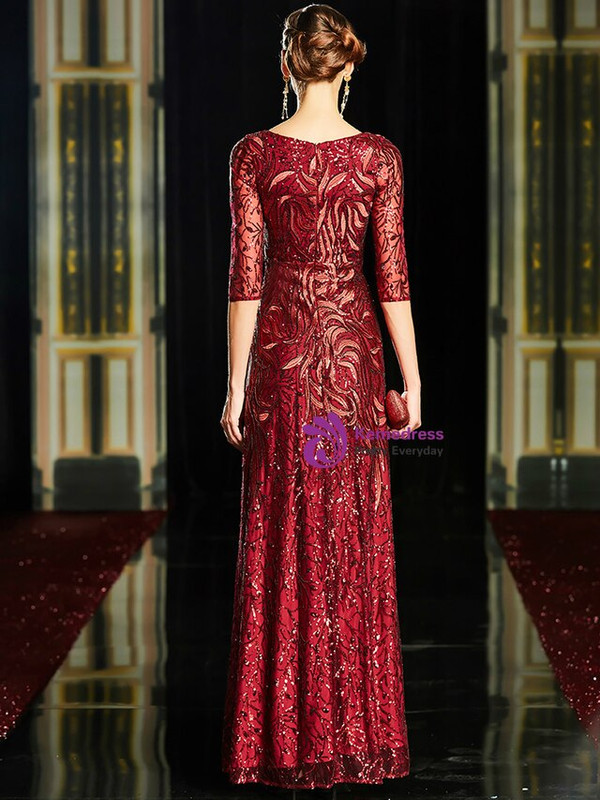 Fashionable Burgundy Sequins V-neck 3/4 Sleeve Mother Of The Bride Dress