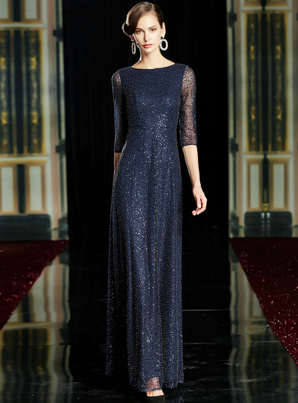Impressive Navy Blue Bateau Beading Sequins 3/4 Sleeve Long Mother Of The Bride Dress