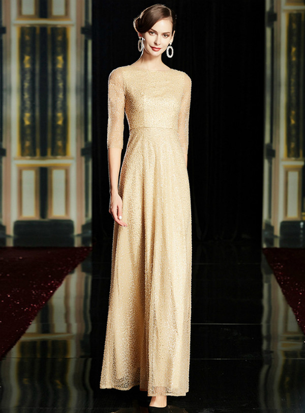 Noble Champagne Tulle Beading Sequins 3/4 Sleeve Long Mother Of The Bride Dress