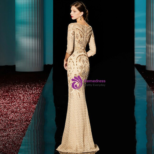 New Champagne Mermaid Embroidery 3/4 Sleeve Long Mother Of The Bride Dress