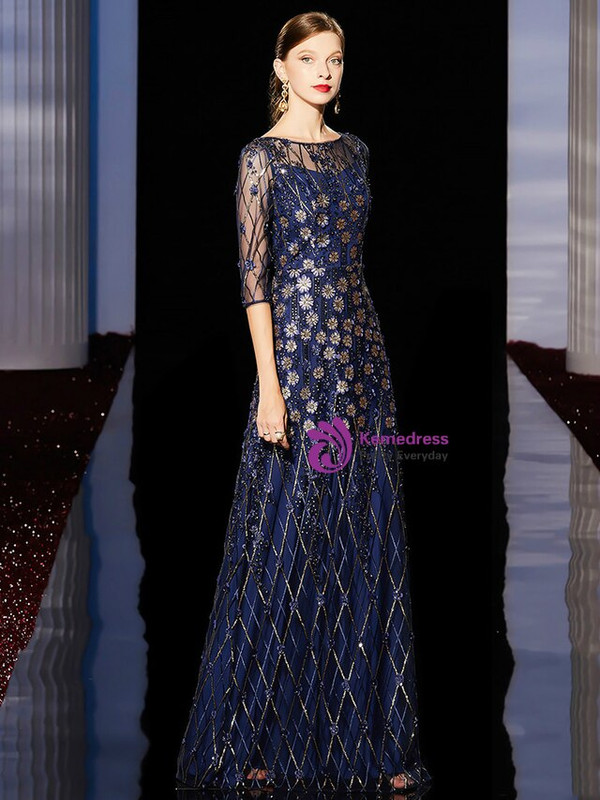 Winsome Navy Blue Bateau Tulle Sequins Appliques Mother of the Bride Dress