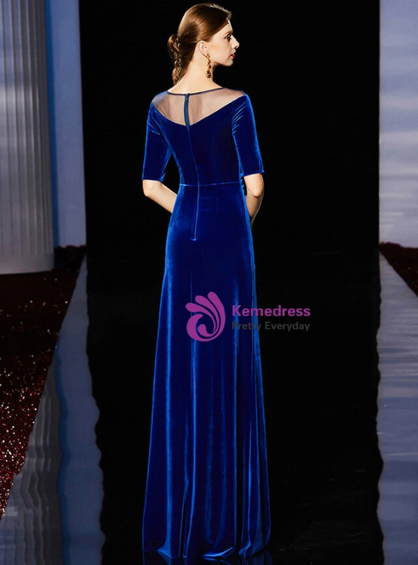 Sexy Blue Sheath Velvet Short Sleeve Sequins Mother of the Bride Dresses With Side Split