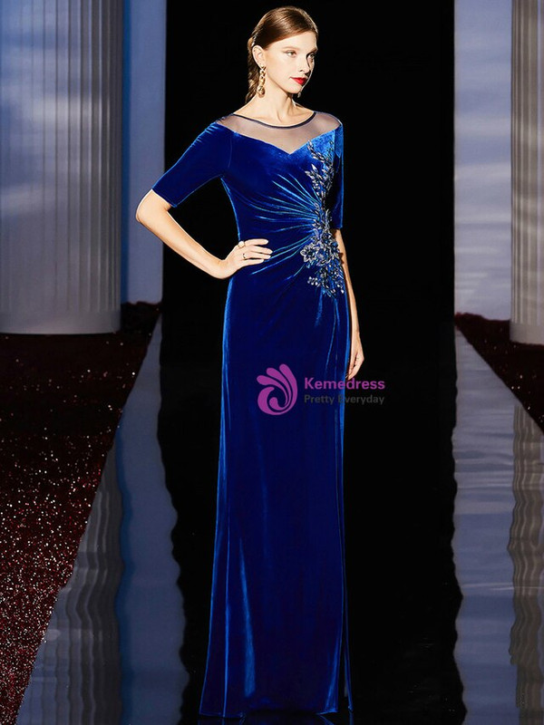 Sexy Blue Sheath Velvet Short Sleeve Sequins Mother of the Bride Dresses With Side Split