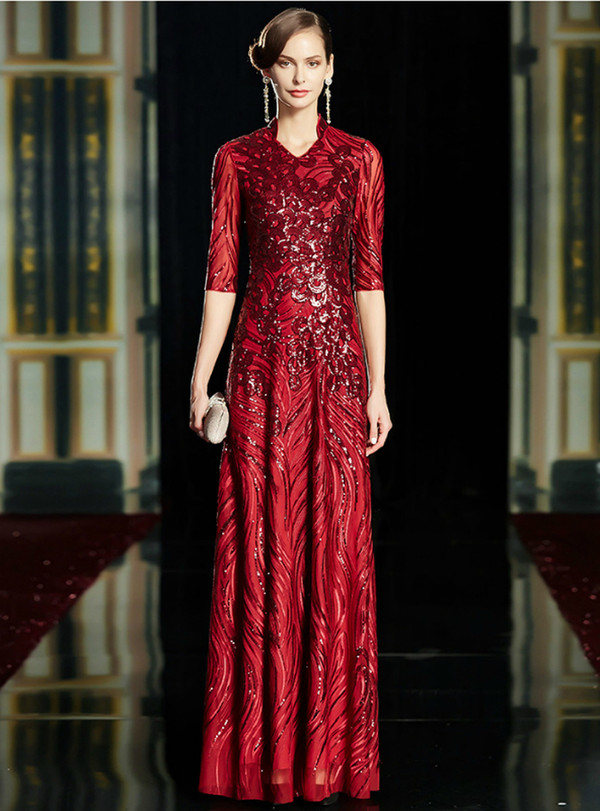 Distinctive Burgundy V-neck Half Sleeve Sequins Mother of the Bride Dress