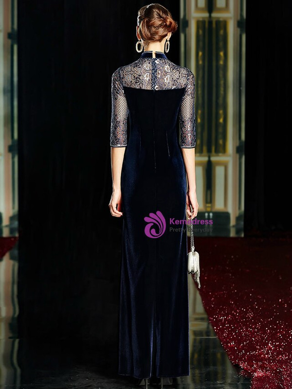 Elegance Navy Blue Mermaid Velvet High Neck Half Sleeve Mother of the Bride Dresses