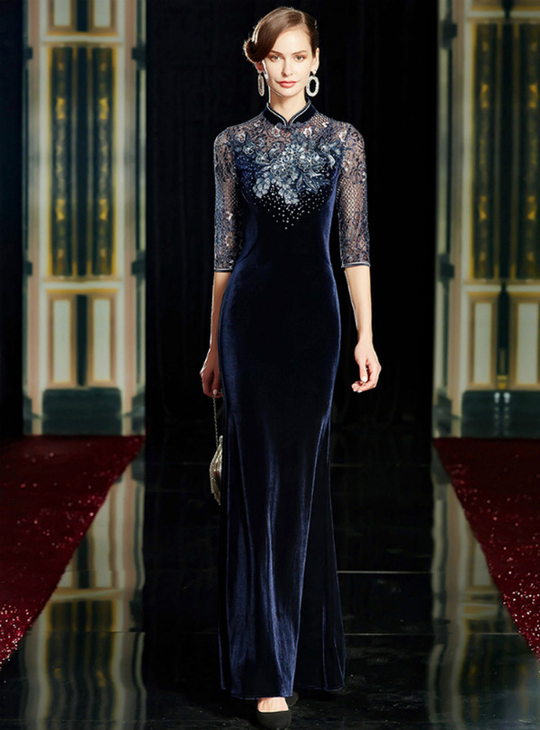 Elegance Navy Blue Mermaid Velvet High Neck Half Sleeve Mother of the Bride Dresses