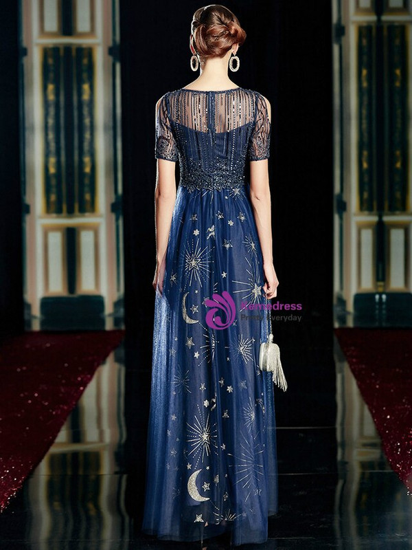 Queenly Navy Blue Tulle Sequins Beading Short Sleeve Mother of the Bride Dress