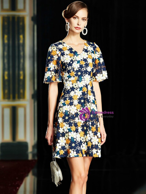 Trendy Colorful Lace Flower V-neck Short Sleeve Short Mother of the Bride Dresses