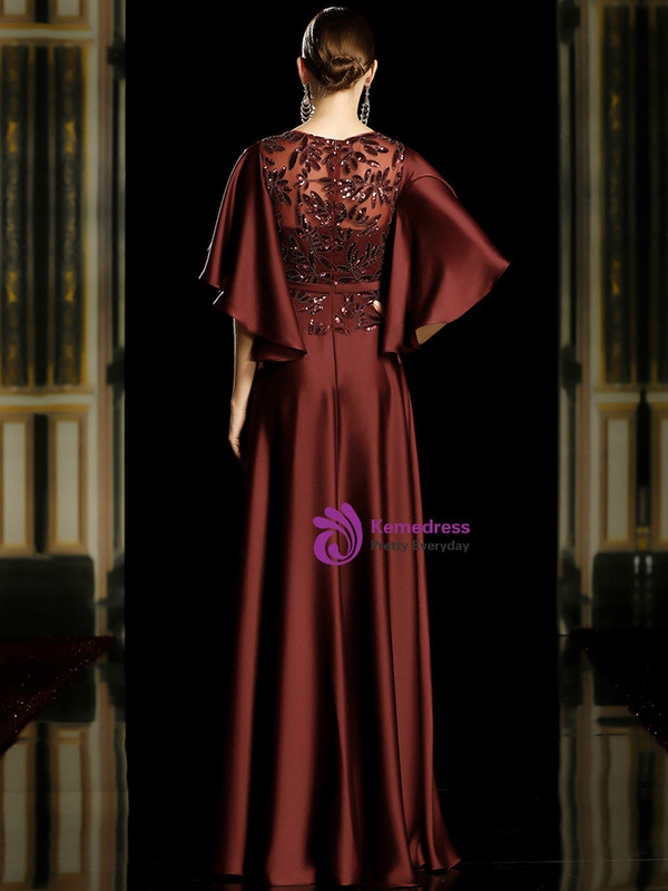 Fairy Tale Burgundy Satin Sequins Appliques Bat Sleeve Long Mother of the Bride Dress