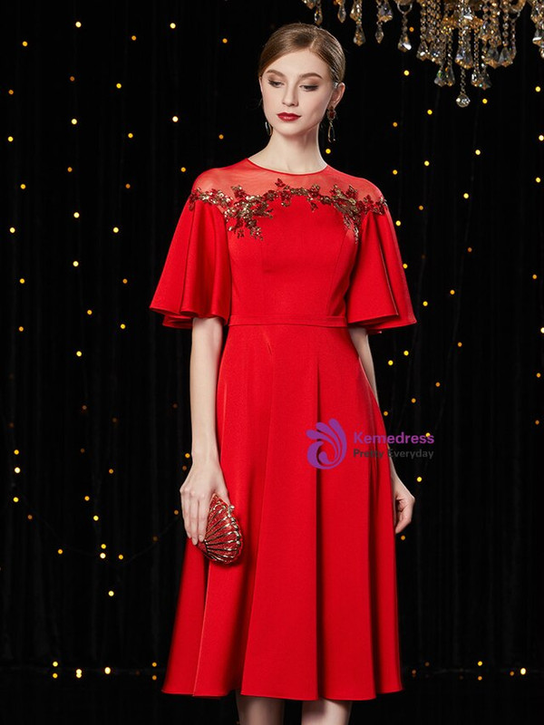 Simple Red Satin Sequins Horn Sleeve Knee Length Mother Of The Bride Dress